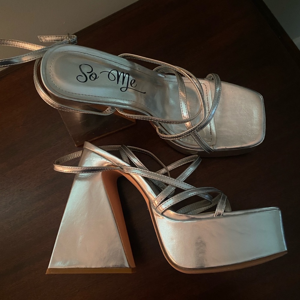Silver platform sandals, 6 inches